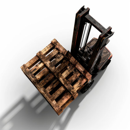This image features an aerial view of a forklift lifting a wooden pallet against a clean white background, showcasing detailed shadows and industrial essence.の素材