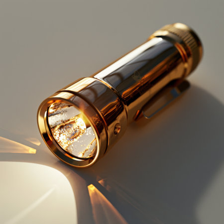 This image showcases a shiny golden flashlight resting on a smooth surface. The soft light enhances its reflective quality, creating a stylish and modern look.の素材
