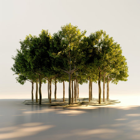 A beautiful cluster of lush green trees stands in bright natural light, casting soft shadows on the ground. Perfect for nature-themed projects.の素材