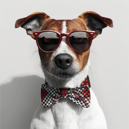 A charming dog wearing stylish sunglasses and a classic bow tie exudes coolness and personality in this playful portrait, perfect for animal lovers and fashion enthusiasts.の素材