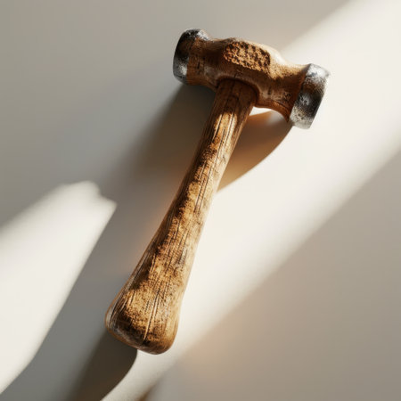 This image showcases a rustic wooden hammer positioned on a soft surface, beautifully illuminated by natural light, highlighting its craftsmanship and details.の素材