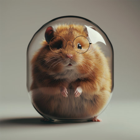 A delightful hamster sits in a glass dome, wearing glasses and displaying a playful expression. This whimsical image captures the charm and cuteness of this small pet, ideal for animal lovers and creative projects.の素材