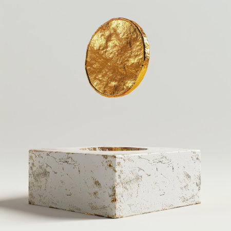 A golden coin hovers gracefully above a textured white base, symbolizing wealth and luxury in a modern artistic composition. Perfect for finance and investment themes.の素材