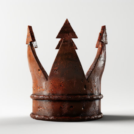 This image features a rusty metal crown with pointed spikes, emphasizing a unique and bold design. The plain background enhances the dramatic visual impact, perfect for regal themes.の素材