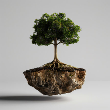A surreal depiction of a tree with roots firmly attached to a floating rock island, showcasing nature's beauty and tranquility in a minimalist style.の素材
