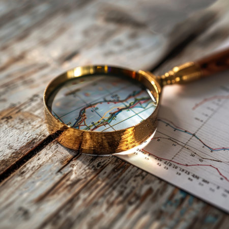 A golden magnifying glass rests on a financial chart on a wooden table, symbolizing detailed analysis and investment growth. Perfect for business themes.の素材