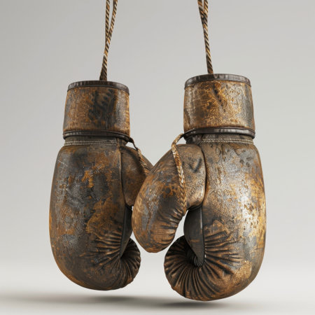A pair of old, worn boxing gloves hang against a neutral gray background, showcasing the rustic charm and history of classic boxing equipment.の素材