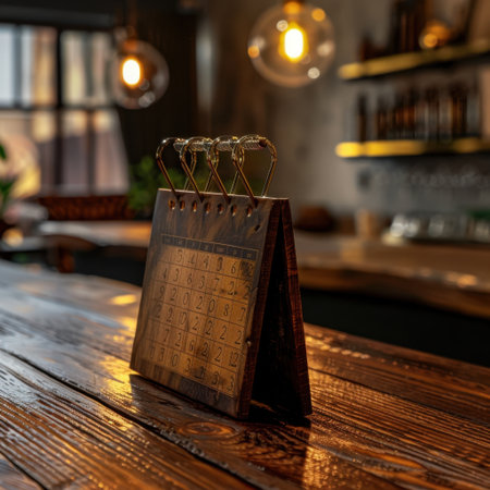 A vintage wooden calendar holder stands on a polished table in a cozy cafe, accentuated by warm lighting and inviting decor, creating a tranquil atmosphere.の素材