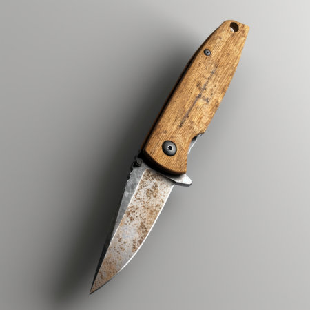 This image showcases a rustic folding knife featuring a uniquely designed blade and a textured wooden handle. Perfect for outdoor adventures or kitchen use.の素材