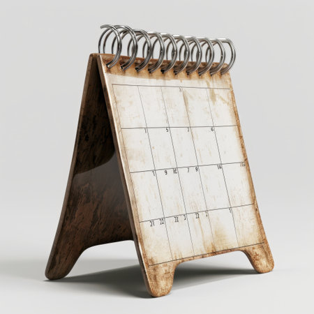 This vintage desk calendar features empty pages, perfect for personal or professional planning. Its rustic design enhances any workspace aesthetic while offering functionality.の素材