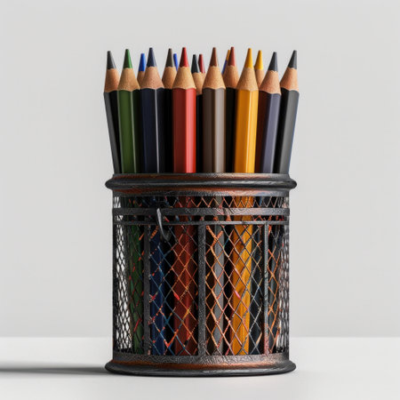A vibrant collection of colored pencils neatly arranged in a mesh holder, perfect for art projects and workspace decoration. Ideal for creative enthusiasts.の素材