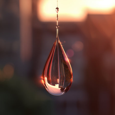 A stunning close-up of a water droplet that reflects warm light, creating a serene and dreamy atmosphere ideal for nature and beauty themes.の素材