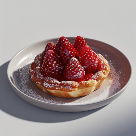 A beautifully crafted strawberry tart sits on a white plate, garnished with powdered sugar, showcasing vibrant colors and enticing textures. Perfect for dessert lovers.の素材