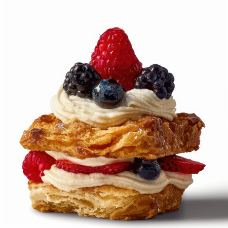 A visually appealing layered dessert featuring a flaky pastry base, adorned with fresh berries and fluffy whipped cream. Perfect for celebrations!の素材