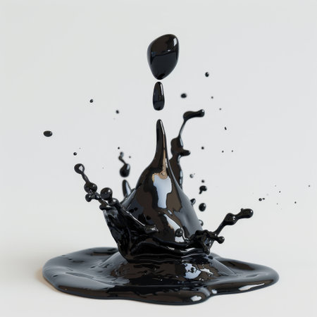 A striking image of black liquid in mid-splash, featuring intricate droplets and smooth surfaces, captured with high detail against a minimalistic white background, showcasing dynamic movement and artistic beauty.の素材