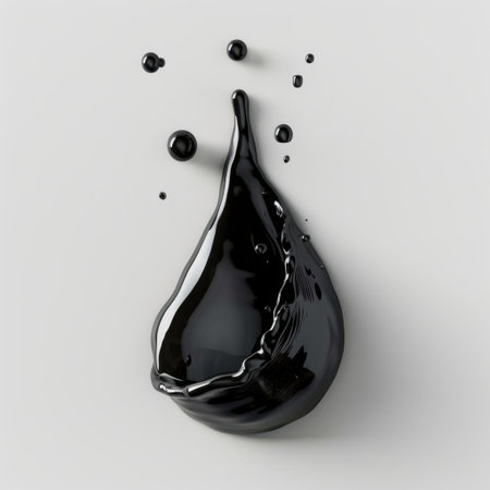This striking image features a black liquid splash droplet along with bubbles on a smooth gray surface. Ideal for art projects, design applications, or photography portfolios.の素材