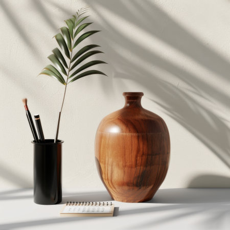 A serene still life showcasing a wooden vase with a plant, stationery, and gentle shadows, creating a warm and calming atmosphere for any setting.の素材
