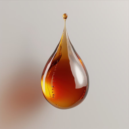 A stunning single amber drop of liquid hangs gracefully, highlighting the beauty of texture and color against a clean background, perfect for art or nature themes.の素材