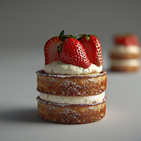 A beautifully crafted strawberry cake featuring two delightful layers of creamy frosting topped with fresh strawberries. Perfect for any dessert occasion.の素材
