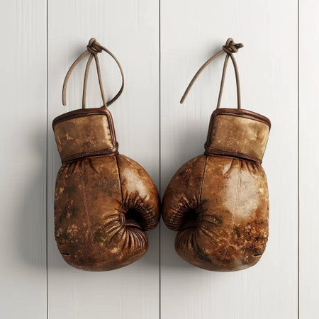 Two vintage boxing gloves hang gracefully against a rustic wooden wall, showcasing their timeworn charm. Perfect for sports-themed decor or fitness inspiration.の素材