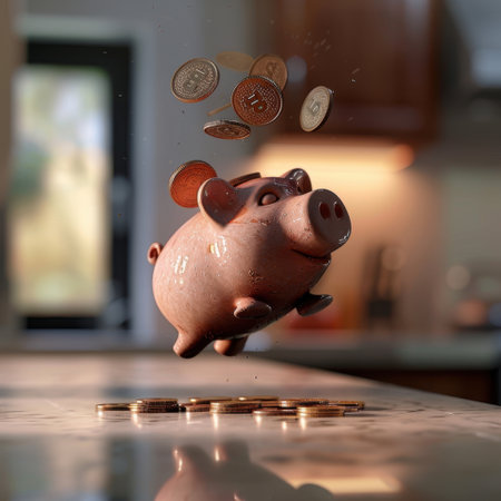A playful piggy bank surrounded by falling coins in a bright kitchen setting, symbolizing saving and financial aspirations. Perfect for financial and budgeting themes.の素材