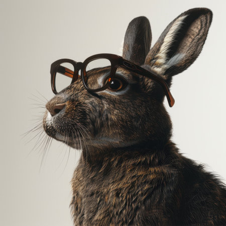 A close-up portrait of a rabbit wearing stylish glasses, showcasing its curious and whimsical expression. This quirky image captures the charming personality of this beloved animal, perfect for fun and creative projects.の素材