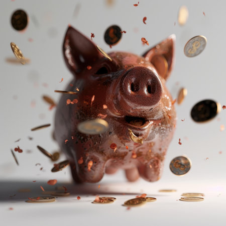 A charming piggy bank smiles amidst scattered coins, symbolizing joy in saving and financial management. Ideal for themes around finance, saving, and investment.の素材