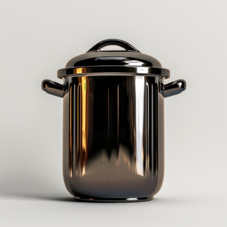 A sleek, glossy black metal cooking pot with a lid, perfect for modern kitchens. Ideal for culinary enthusiasts who value style and function.の素材