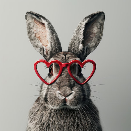This charming image features an adorable rabbit wearing heart-shaped glasses, set against a neutral gray background, creating a playful and loving atmosphere.の素材
