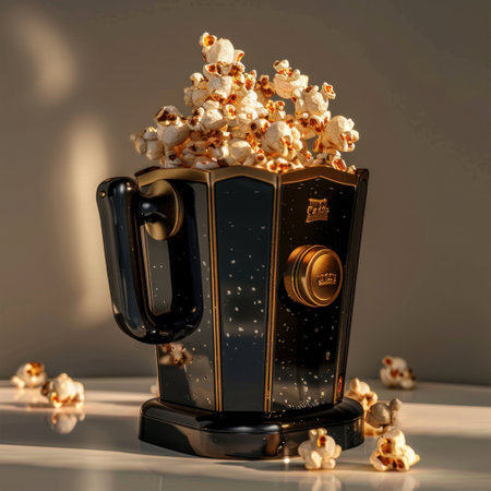 A striking black retro popcorn machine overflowing with golden buttered popcorn, capturing the essence of movie nights. Perfect for food lovers.の素材