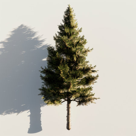 A realistic pine tree showcasing detailed texture and shadow against a clean white background, perfect for nature-themed projects and designs.の素材