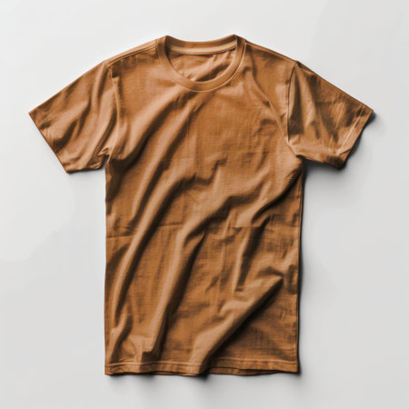 An unadorned brown t-shirt laid flat on a soft surface, perfect for apparel mockups and fashion projects. This image highlights simplicity and versatility.の素材