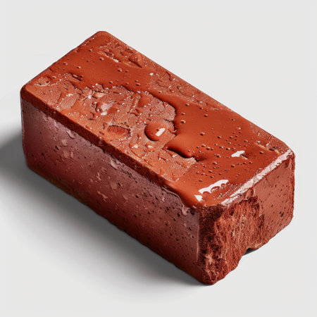A realistic brick designed with a chocolate coating, featuring droplets and intricate texture, set against a light gray background. Perfect for creative projects.の素材