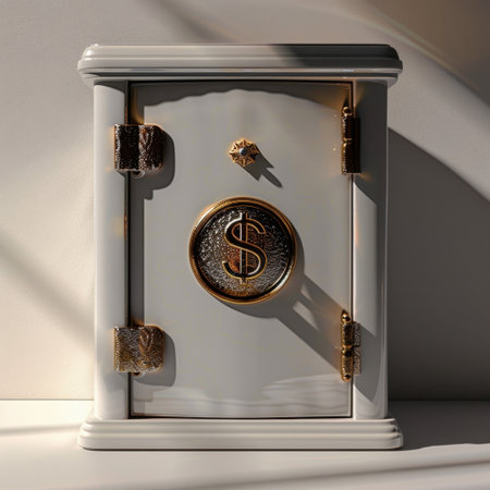 This elegant white safe with a golden dollar sign represents wealth and security, ideal for finance themes, interior design, and luxury concepts.の素材