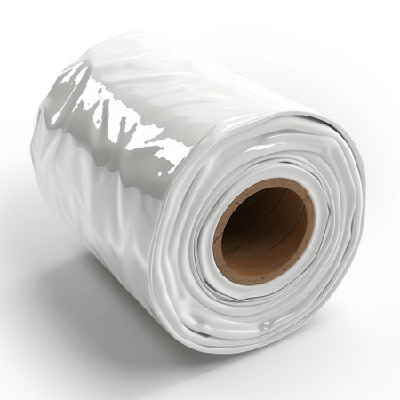 A glossy white plastic film roll on a clean white background, perfect for various packaging and crafting projects. Ideal for artists and manufacturers.の素材
