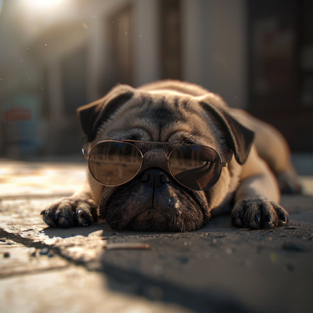 This charming image captures a relaxed pug dog wearing sunglasses, enjoying a sunny day on the street. Its adorable expression adds a playful mood to any project.の素材