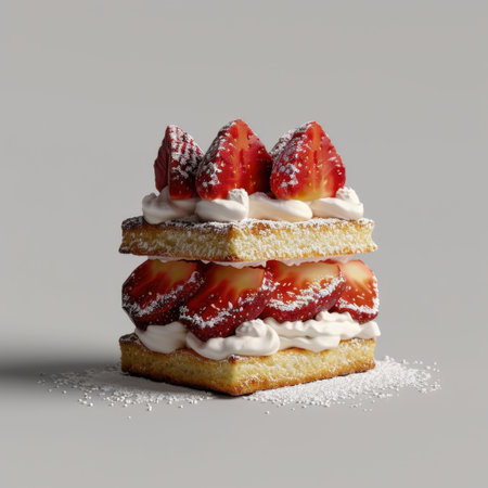 This delightful dessert showcases layers of strawberries and whipped cream, offering a bright, sweet treat perfect for celebrations or casual indulgence.の素材