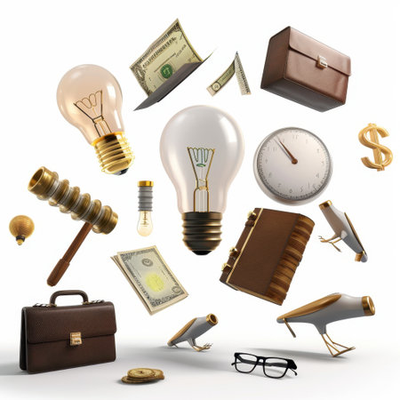 A creative arrangement showcasing essential business elements, including light bulbs, money, and tools, representing innovation and entrepreneurial spirit.の素材