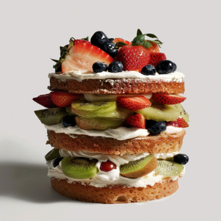Delightful three-layer fruit cake topped with fresh strawberries, blueberries, and kiwi showcases a creamy frosting, perfect for celebrations or special occasions.の素材
