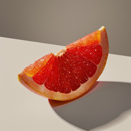 A vibrant slice of red grapefruit rests on a minimalist surface, highlighting its juicy texture and bright color. Perfect for healthy food concepts.の素材
