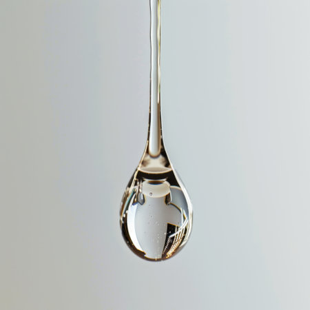 This stunning close-up captures a single water drop hanging from a thread, showcasing its clarity and elegance in soft natural light. Ideal for nature themes.の素材