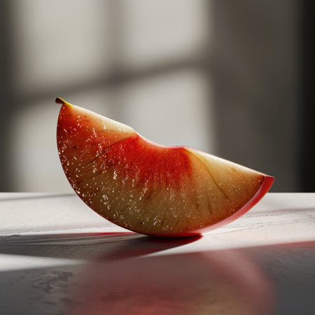 A beautifully sliced red apple resting on a white table, showcasing the vibrant colors and textures with soft sunlight creating elegant shadows in a modern kitchen.の素材