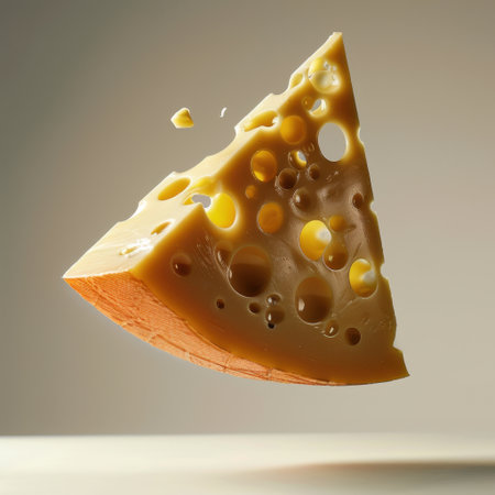 A stunning image of a Swiss cheese slice levitating, highlighting its signature holes and smooth texture against a soft background, perfect for food-related themes.の素材