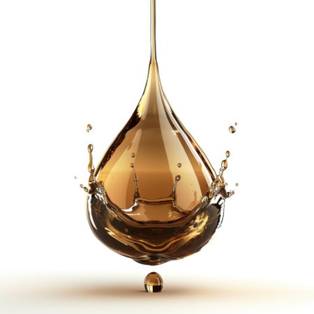 A captivating image of a brown liquid drop suspended in mid-air, creating dynamic splashes around it. The background is clean and light, enhancing the liquid's glossy texture.の素材