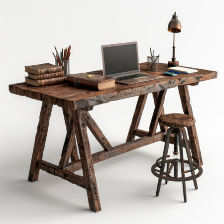 A rustic workspace featuring a wooden desk with a laptop, stylish lamp, books, and stationery, perfect for creativity and productivity. Ideal for home office settings.の素材