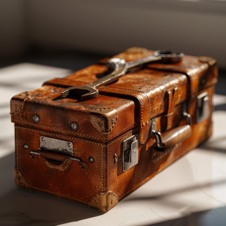 A beautifully aged vintage leather suitcase with buckles, capturing classic travel elegance and rich texture. Ideal for decor or photography.の素材