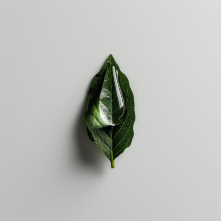 A vibrant green leaf adorned with water droplets, set against a soft gray background, captures the essence of nature's beauty and simplicity. Ideal for health and wellness themes.の素材