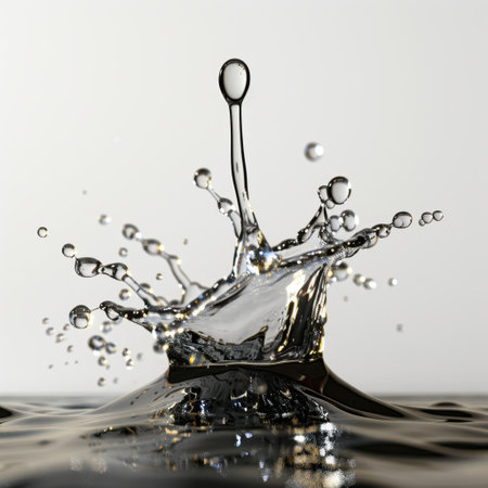 This striking image captures the dynamic beauty of a water splash, showcasing droplets frozen in motion. It highlights fluid dynamics with clarity and elegance.の素材