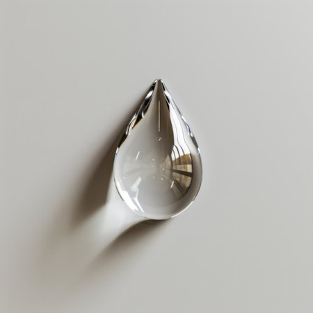 A stunning crystal clear water drop resting on a light grey surface, showcasing exquisite reflections and subtle shadows. This minimalist image embodies purity and elegance, making it ideal for various design projects.の素材