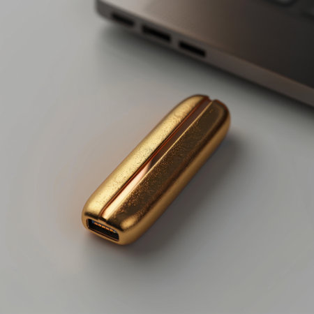 A chic gold USB-C device resting on a modern desktop beside a laptop, highlighting the intersection of style and technology. Perfect for tech enthusiasts.の素材